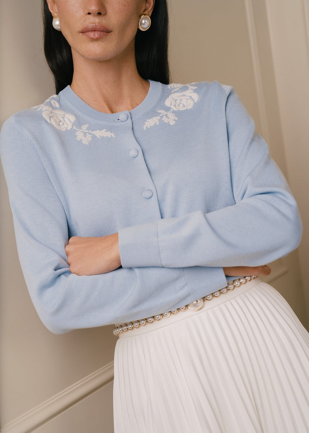 Embroidered Silk-Cotton Cardigan (Blue)