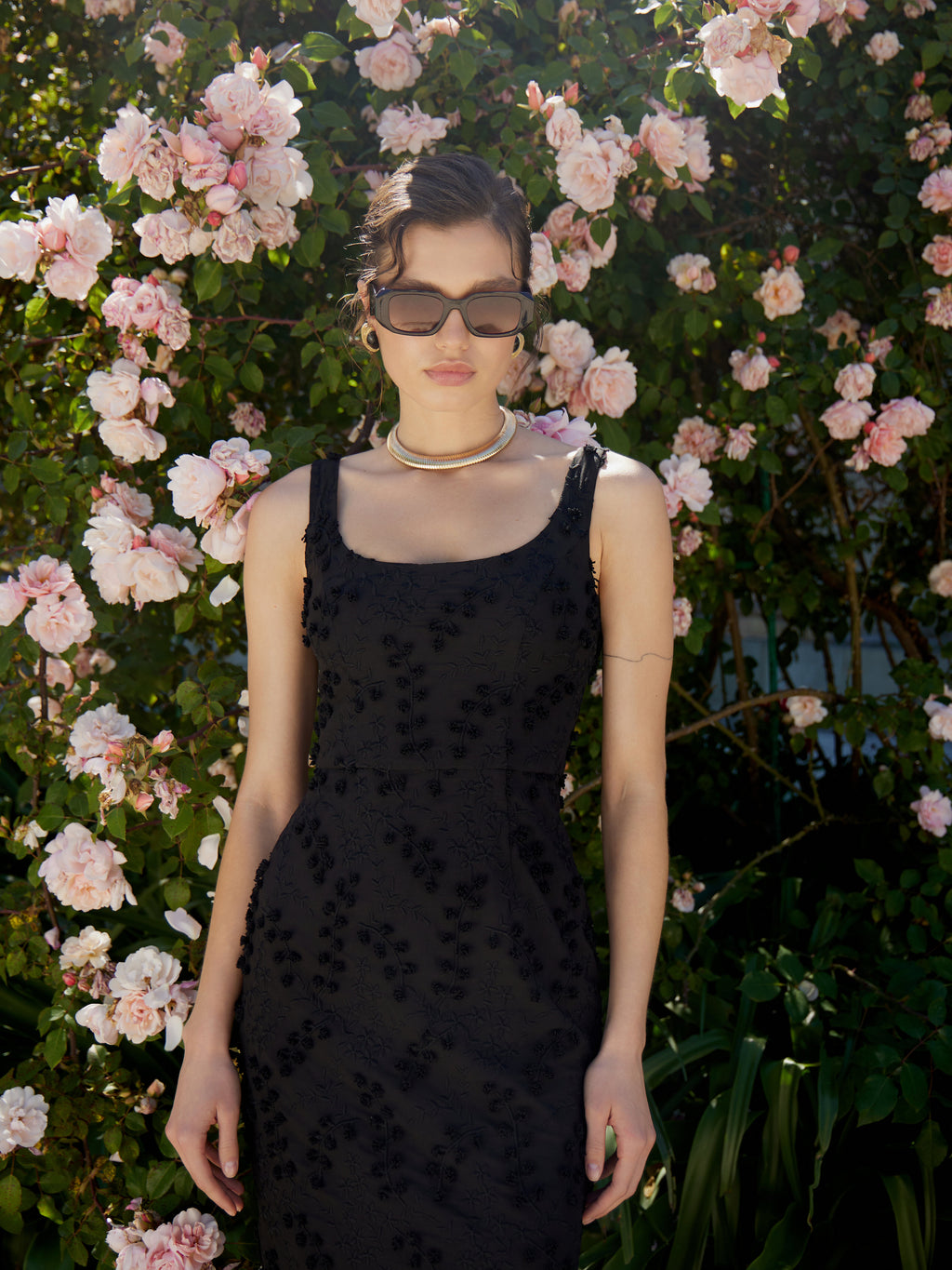Cotton Sundress with Floral Appliqué (Black)