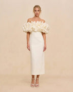 Ivory Off Shoulder Midi Dress with Ruffle Bodice
