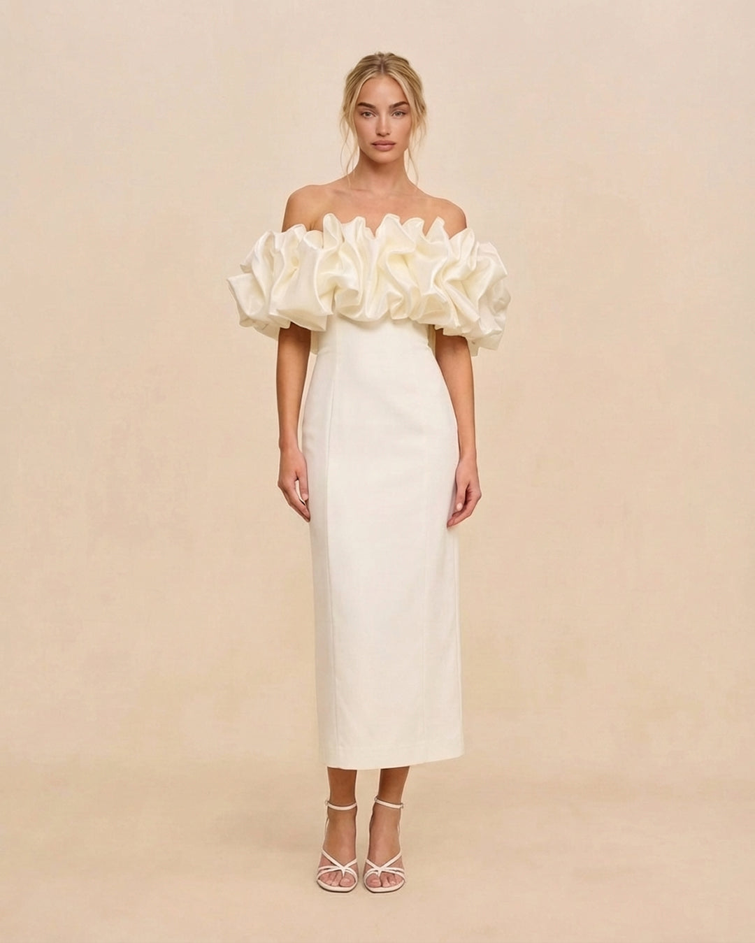 Ivory Off Shoulder Midi Dress with Ruffle Bodice