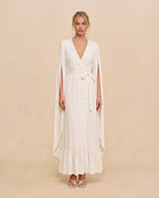 Ivory Cape Maxi Dress with Ruffle Hem