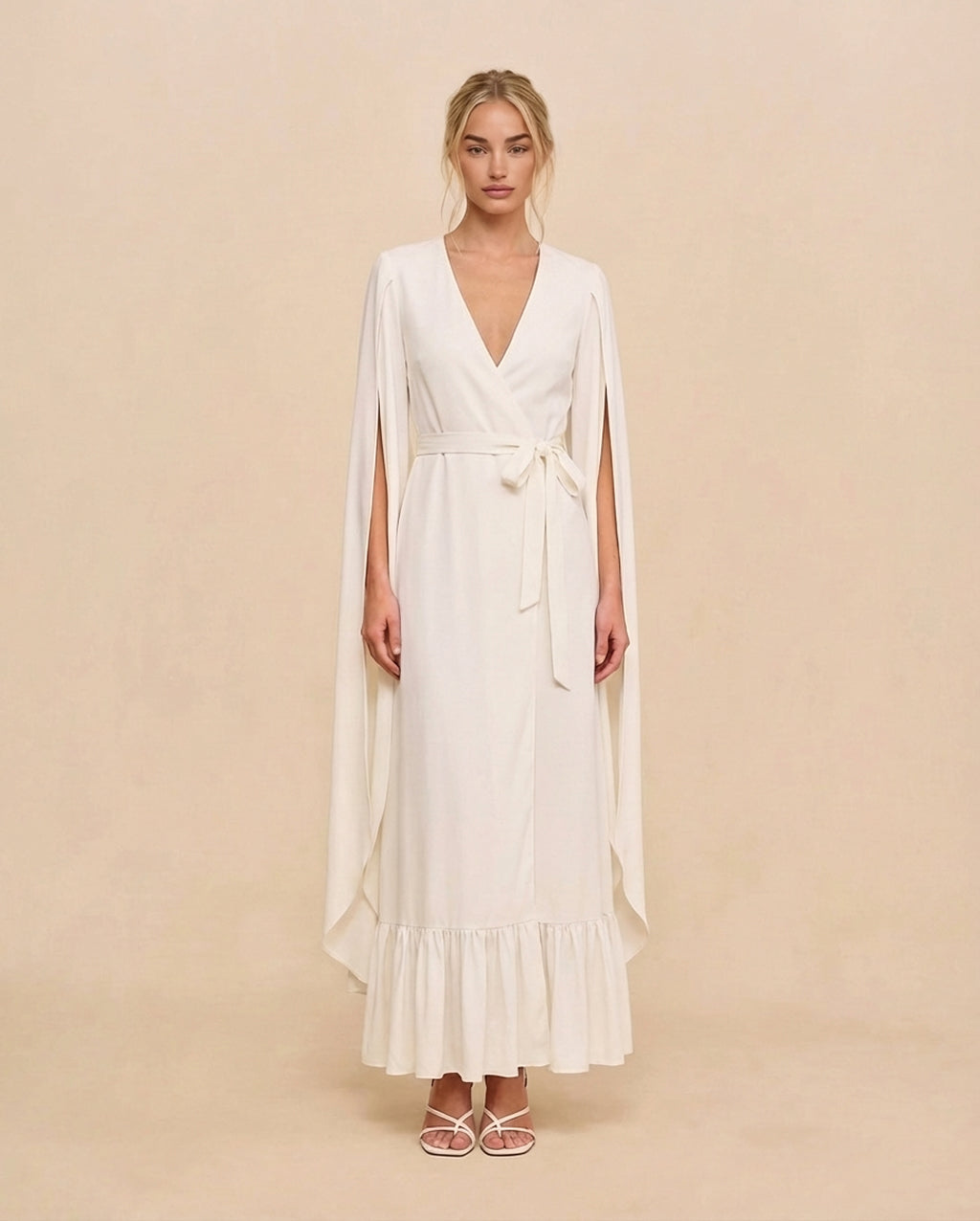 Ivory Cape Maxi Dress with Ruffle Hem