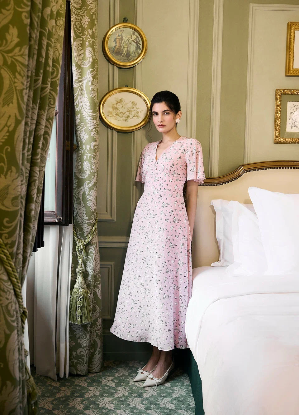 Sonnet Silk Floral Midi Dress | Romantic Rose Print Dress for Women
